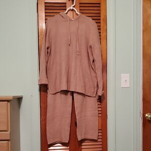 Cozy Tan Knit Hoodie and Pants Set